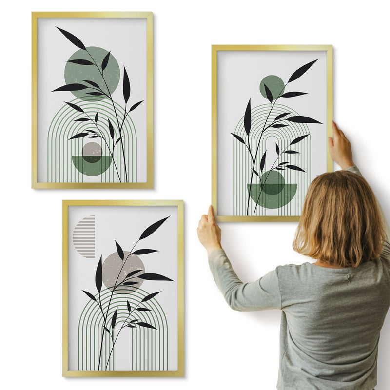 Galeria ścienna 3-częściowy komplet obrazów w złotych ramach - Roślinne kompozycje abstrakcyjne styl boho - ArtPrintCave