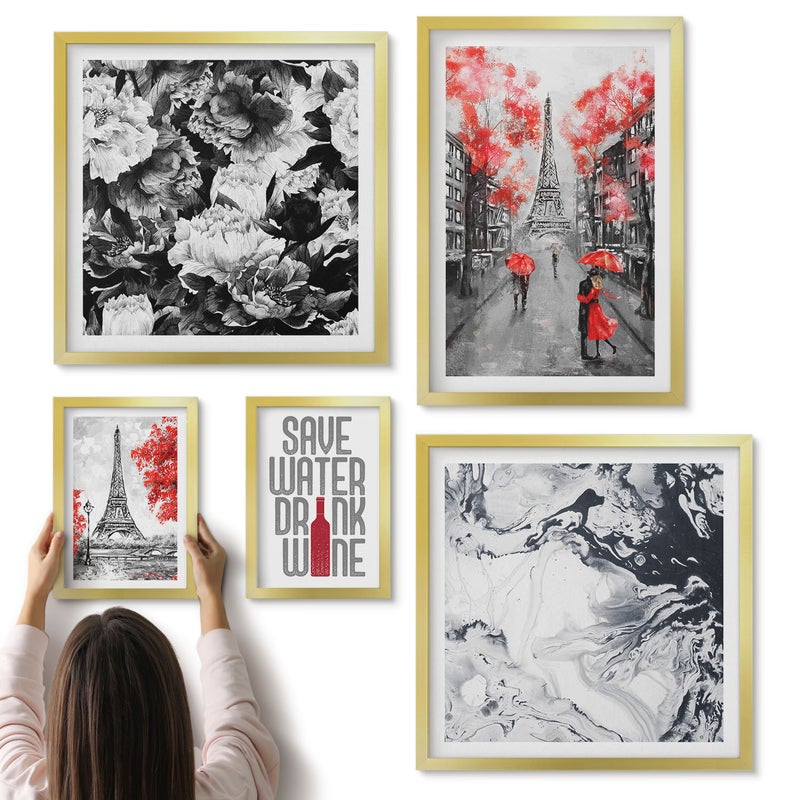 Galeria ścienna 5-częściowy komplet obrazów w złotych ramach - Paryskie widoki z kwiatami i abstrakcyjnymi wzorami - ArtPrintCave