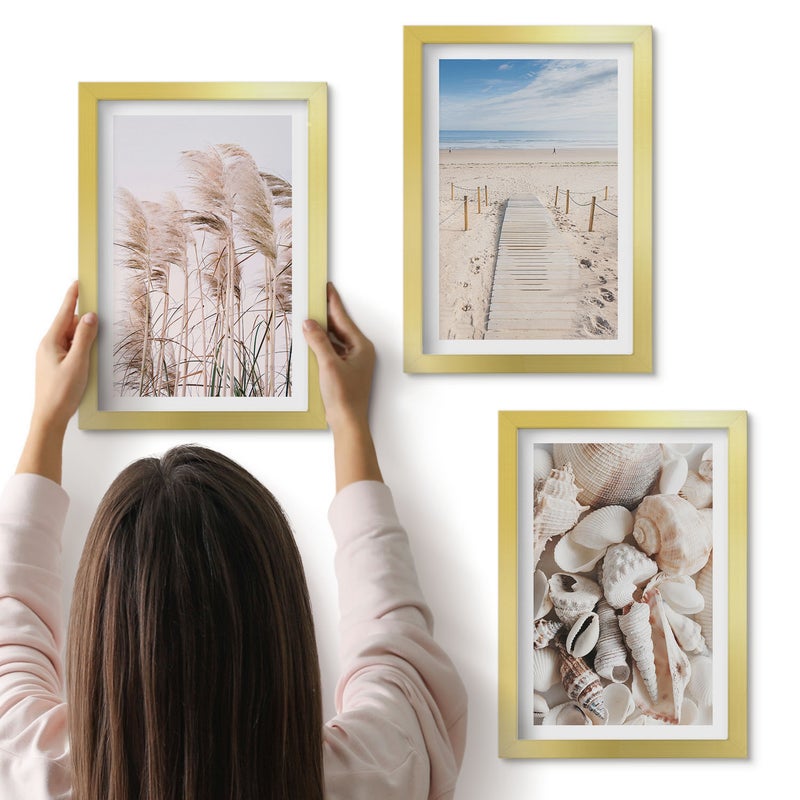 Galeria ścienna 3-częściowy komplet obrazów w złotych ramach - Piaszczysta plaża z muszlami i trawą nadmorską - ArtPrintCave