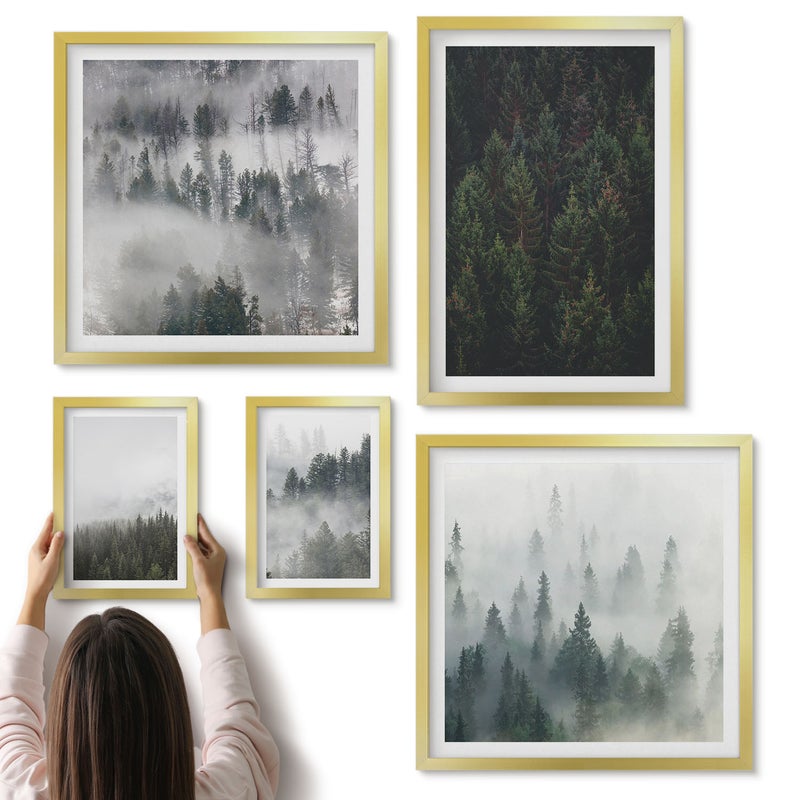 Galeria ścienna 5-częściowy komplet obrazów w złotych ramach - Zielone lasy mglistych krajobrazów naturalnych widoków - ArtPrintCave