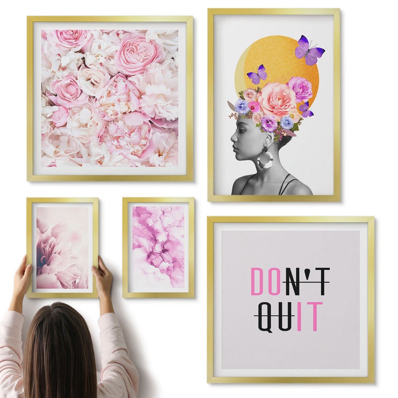 Galeria ścienna 5-częściowy komplet obrazów w złotych ramach - Kwiatowe motywy z kobietą i inspirującymi hasłami - ArtPrintCave