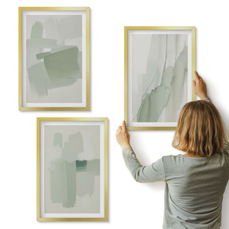 Galeria ścienna 3-częściowy komplet obrazów w złotych ramach - Abstrakcyjne wzory w stylu akwarelowym - ArtPrintCave