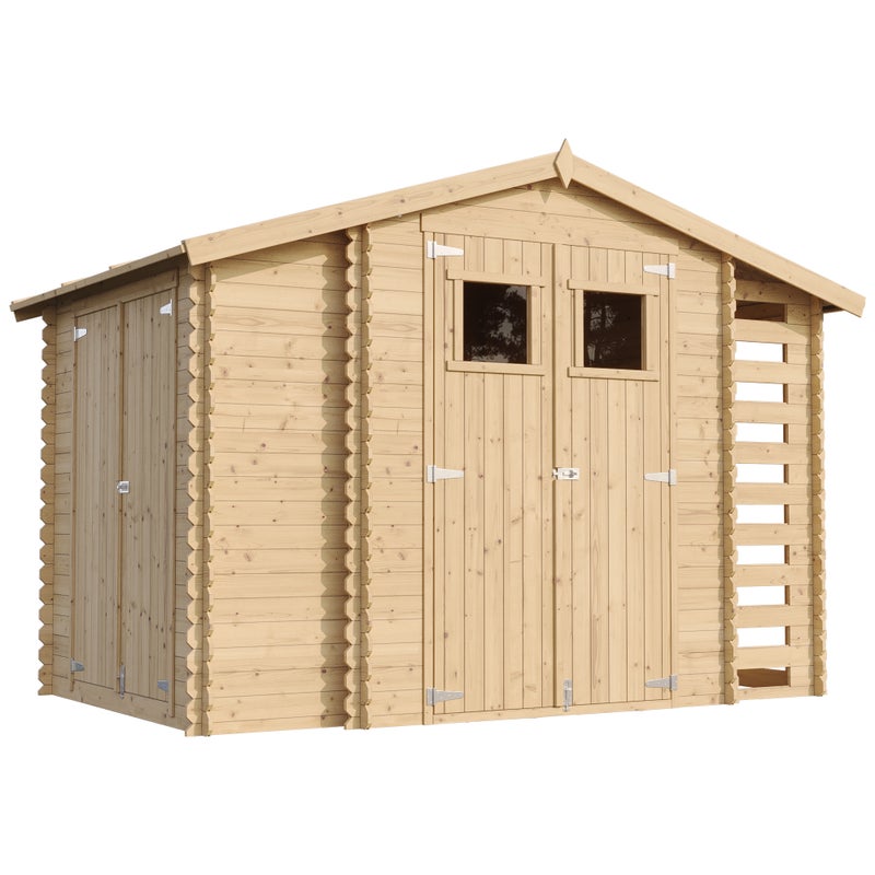 Drewniany domek ogrodowy i stojak na drewno TIMBELA M389 – 206 x 328 x 218 cm/ 3,53 + 0,97 + 0,97 m2, mały domek narzędziowy