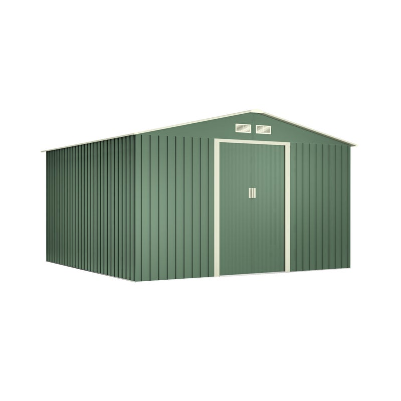 Domek narzędziowy metalowy Light Green 10,2 m², podwójne drzwi przesuwne, otwory wentylacyjne, do przechowywania narzędzi w ogrodzie