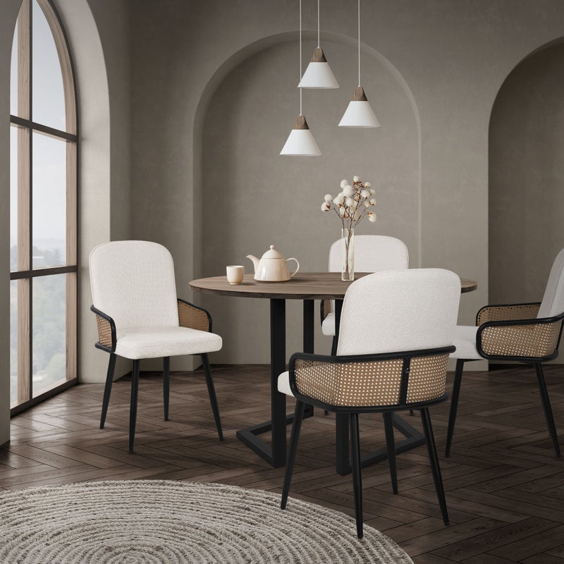 ML-Design zestaw 4 krzeseł tapicerowanych beżowy do jadalni i kuchni ergonomiczne z podłokietnikami imitacja rattanu metalowe nogi komfortowe