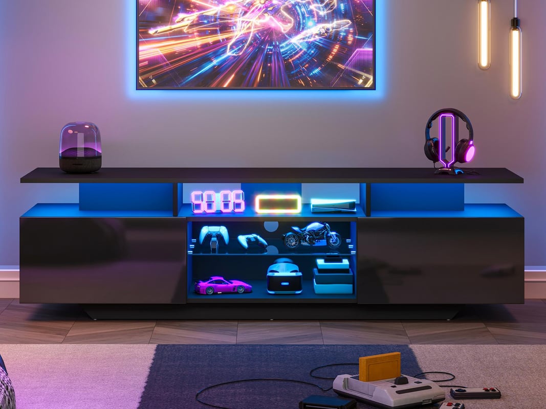 Szafka RTV 160 x 40 x 45 cm - oświetlenie LED - 2 drzwi i 8 półek - wykończenie na wysoki połysk - MDF + szkło - czarny
