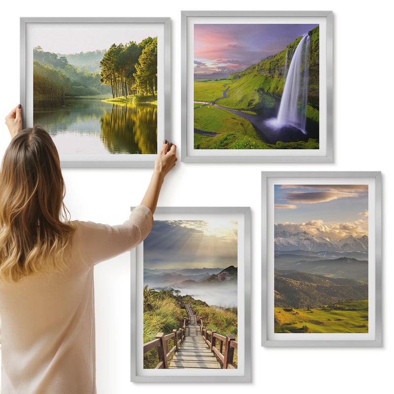 Galeria ścienna 4-częściowy komplet obrazów w srebrnych ramach - Malownicze krajobrazy górskie z wodospadem i ścieżką - ArtPrintCave