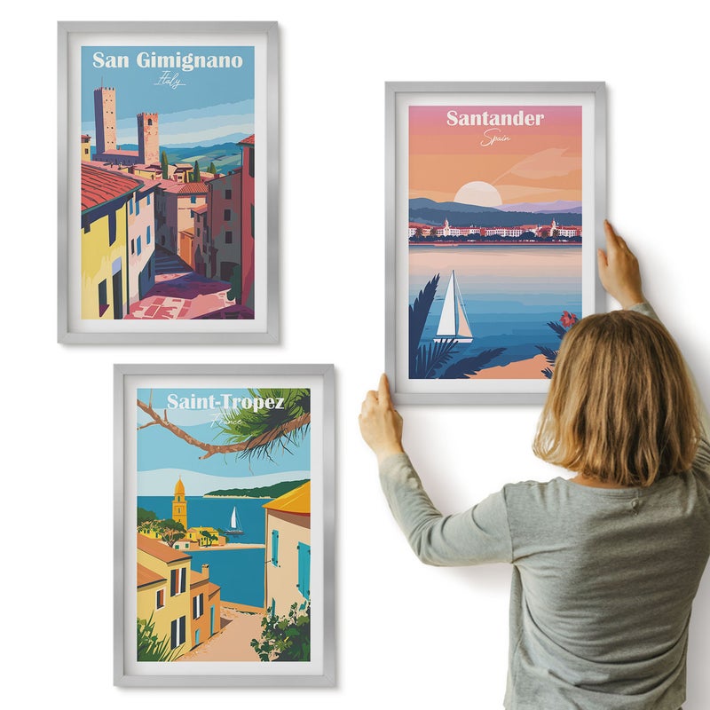 Galeria ścienna 3-częściowy komplet obrazów w srebrnych ramach - Włoskie miasteczka i nadmorskie krajobrazy retro - ArtPrintCave