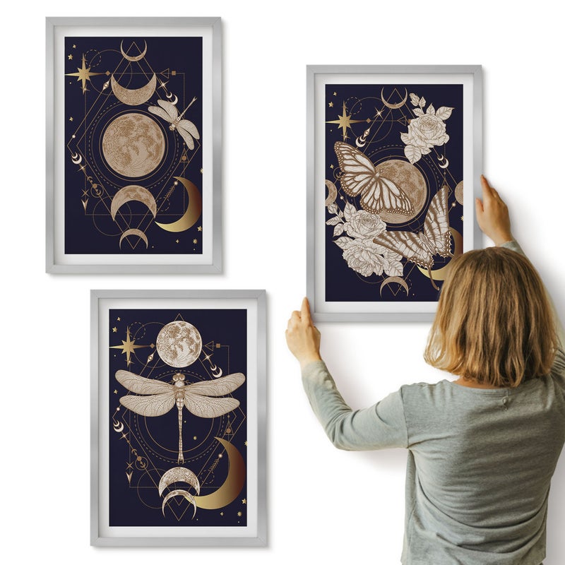 Galeria ścienna 3-częściowy komplet obrazów w srebrnych ramach - Motywy przyrody z księżycem kosmosem i kwiatami - ArtPrintCave