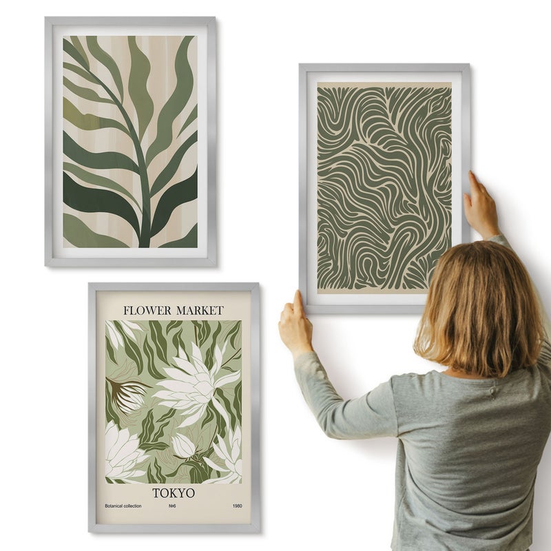 Galeria ścienna 3-częściowy komplet obrazów w srebrnych ramach - Roślinne wzory botaniczne dekoracje styl boho - ArtPrintCave