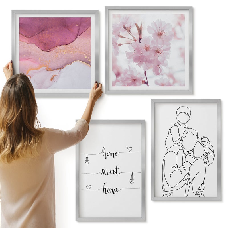 Galeria ścienna 4-częściowy komplet obrazów w srebrnych ramach - Kwiaty i rodzina w minimalistycznym designie - ArtPrintCave