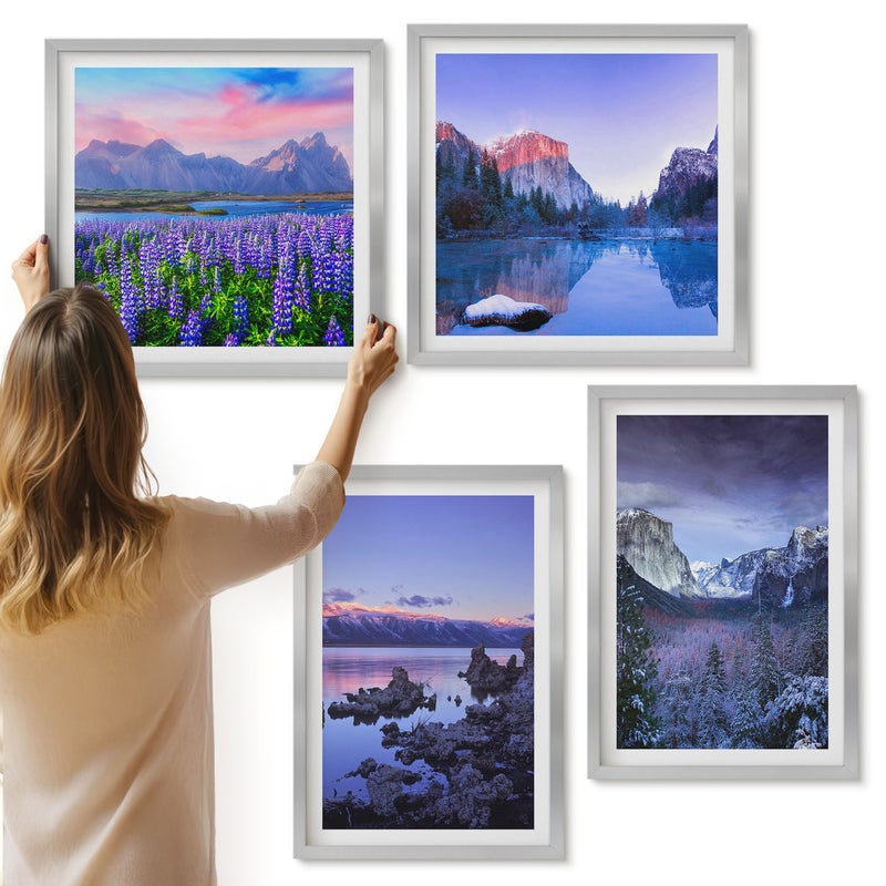 Galeria ścienna 4-częściowy komplet obrazów w srebrnych ramach - Krajobrazy górskie z wodą niebem i polem kwiatów - ArtPrintCave