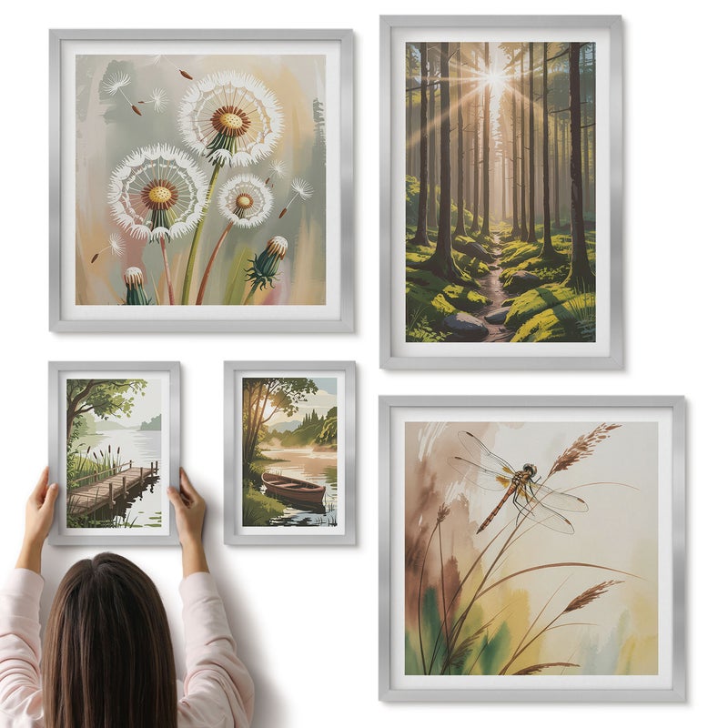 Galeria ścienna 5-częściowy komplet obrazów w srebrnych ramach - Leśne pejzaże z naturą i spokojem w tle - ArtPrintCave