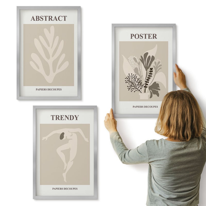 Galeria ścienna 3-częściowy komplet obrazów w srebrnych ramach - Wzory roślinne w odcieniach beżu i brązu - ArtPrintCave