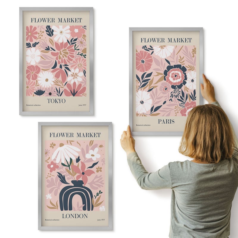 Galeria ścienna 3-częściowy komplet obrazów w srebrnych ramach - Kwiatowe motywy w Tokio Londynie i Paryżu - ArtPrintCave