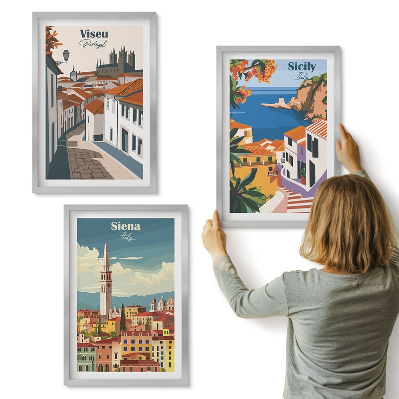 Galeria ścienna 3-częściowy komplet obrazów w srebrnych ramach - Retro ilustracje znanych miast świata - ArtPrintCave