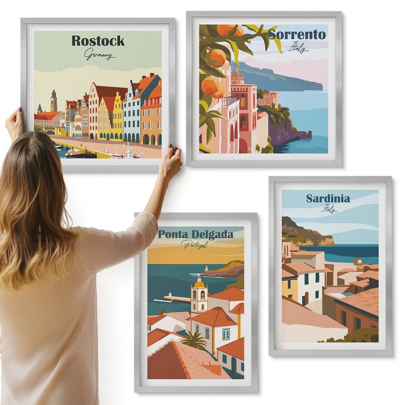 Galeria ścienna 4-częściowy komplet obrazów w srebrnych ramach - Widoki europejskich miast nadmorskich i portowych - ArtPrintCave