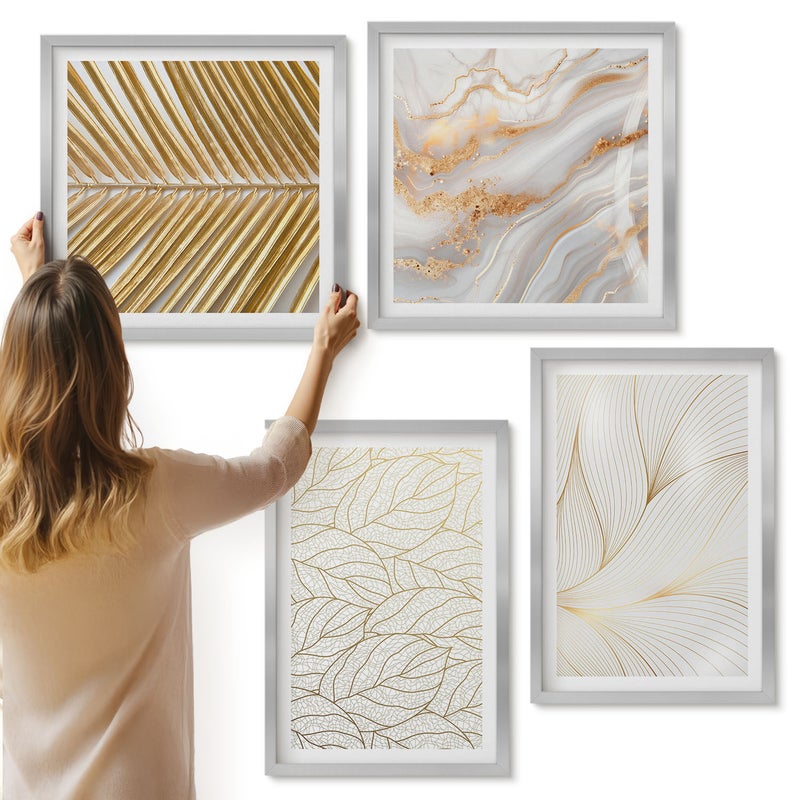 Galeria ścienna 4-częściowy komplet obrazów w srebrnych ramach - Linearne wzory liści abstrakcyjny marmur - ArtPrintCave