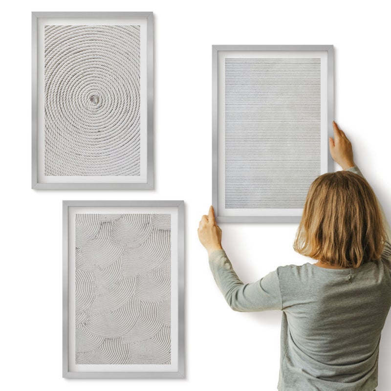 Galeria ścienna 3-częściowy komplet obrazów w srebrnych ramach - Geometryczne tektury nowoczesne wzory - ArtPrintCave