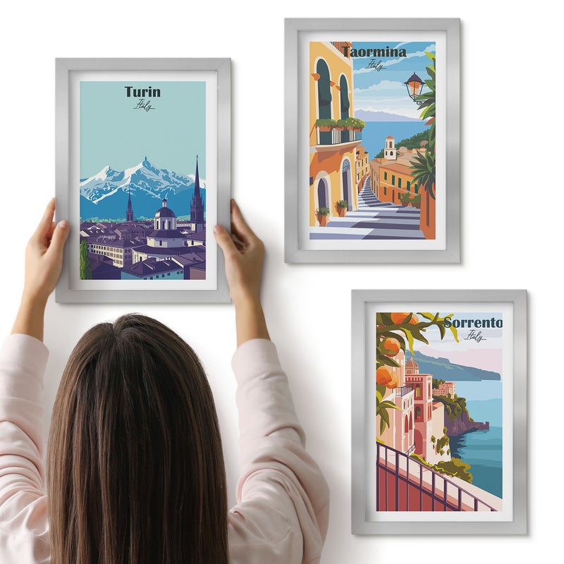 Galeria ścienna 3-częściowy komplet obrazów w srebrnych ramach - Kolorowe ilustracyjne widoki miast w stylu retro - ArtPrintCave