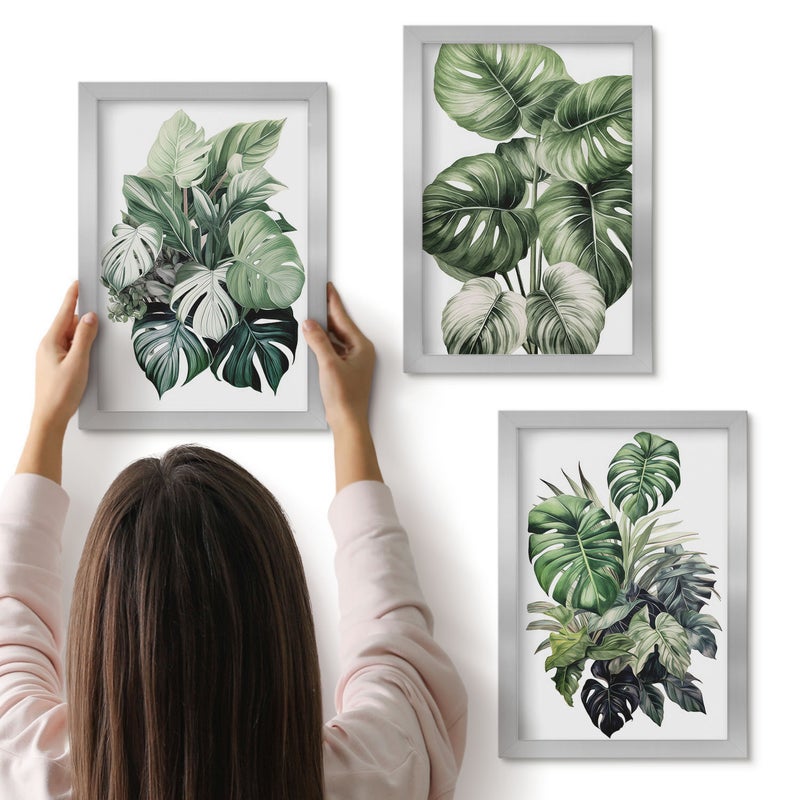 Galeria ścienna 3-częściowy komplet obrazów w srebrnych ramach - Zielone liście roślin tropikalnych akwarele - ArtPrintCave