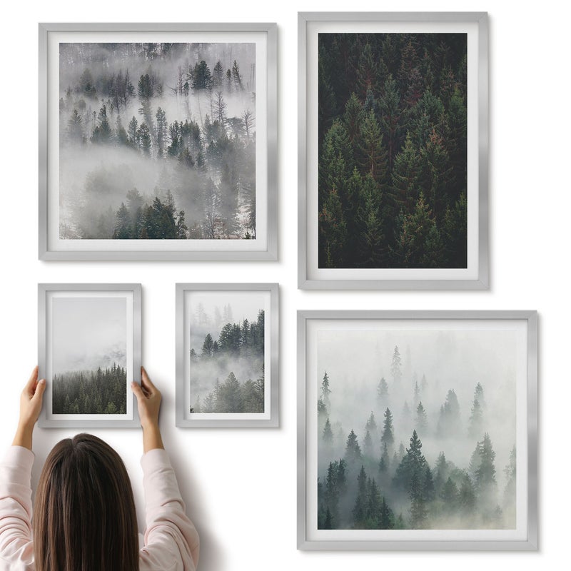 Galeria ścienna 5-częściowy komplet obrazów w srebrnych ramach - Zielone lasy mglistych krajobrazów naturalnych widoków - ArtPrintCave