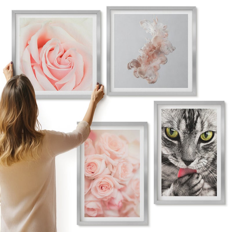Galeria ścienna 4-częściowy komplet obrazów w srebrnych ramach - Szary kot delikatne róże subtelna abstrakcja - ArtPrintCave
