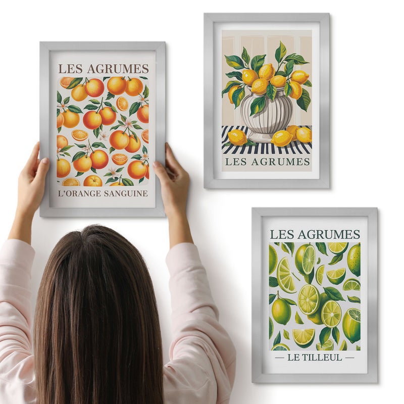 Galeria ścienna 3-częściowy komplet obrazów w srebrnych ramach - Cytrusy w różnych odsłonach kolorowych i świeżych - ArtPrintCave