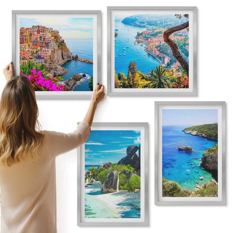 Galeria ścienna 4-częściowy komplet obrazów w srebrnych ramach - Widoki nadmorskie z palmami i błękitną wodą - ArtPrintCave