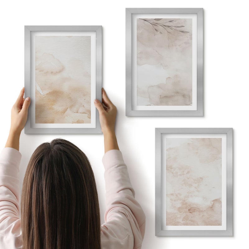 Galeria ścienna 3-częściowy komplet obrazów w srebrnych ramach - Akwarelowe plamy i liście w pastelowych barwach - ArtPrintCave