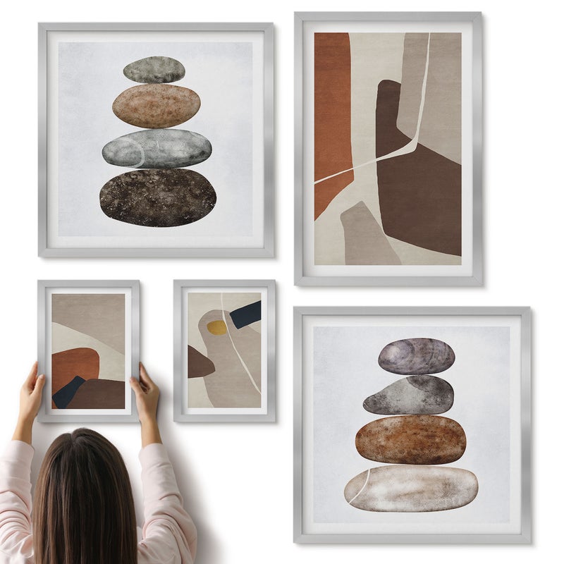 Galeria ścienna 5-częściowy komplet obrazów w srebrnych ramach - Abstrakcyjne malarstwo boho kształty w nowoczesnym stylu - ArtPrintCave