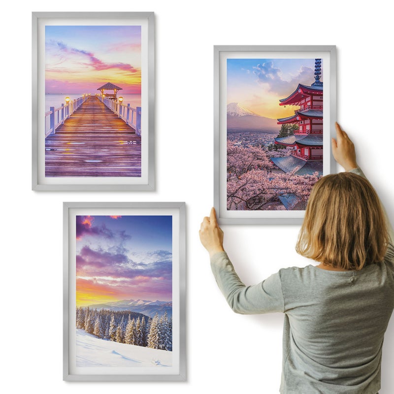 Galeria ścienna 3-częściowy komplet obrazów w srebrnych ramach - Romantyczne krajobrazy z malowniczym niebem - ArtPrintCave