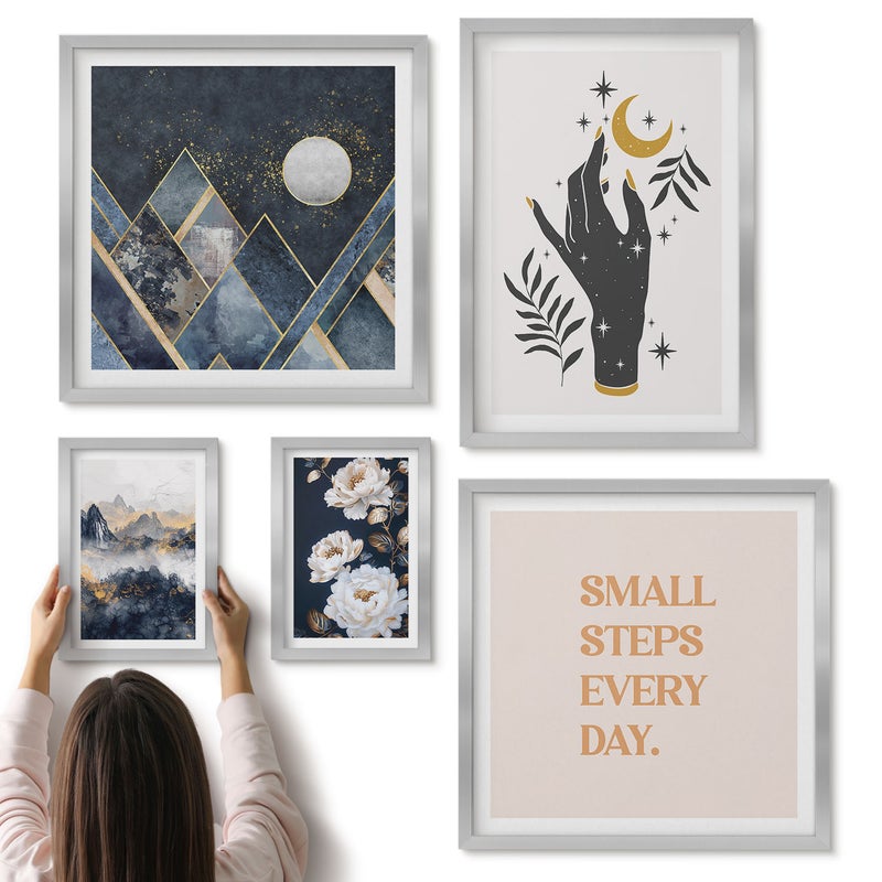 Galeria ścienna 5-częściowy komplet obrazów w srebrnych ramach - Styl boho z inspiracjami natury i pozytywnymi przesłaniami - ArtPrintCave