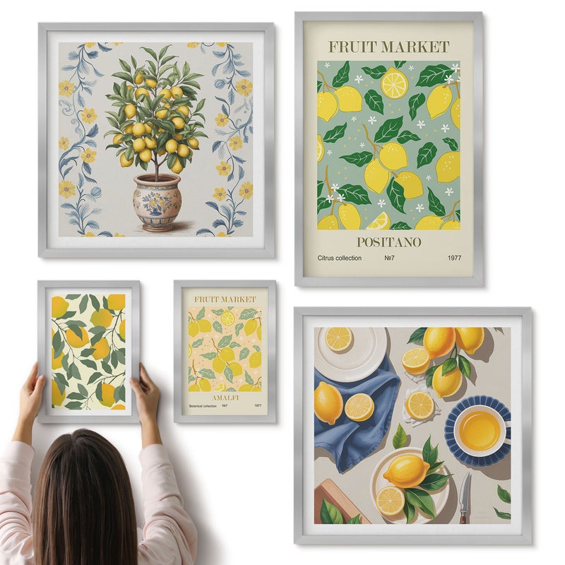 Galeria ścienna 5-częściowy komplet obrazów w srebrnych ramach - Kolekcja cytrusów świeże owoce i dekoracyjne wzory - ArtPrintCave