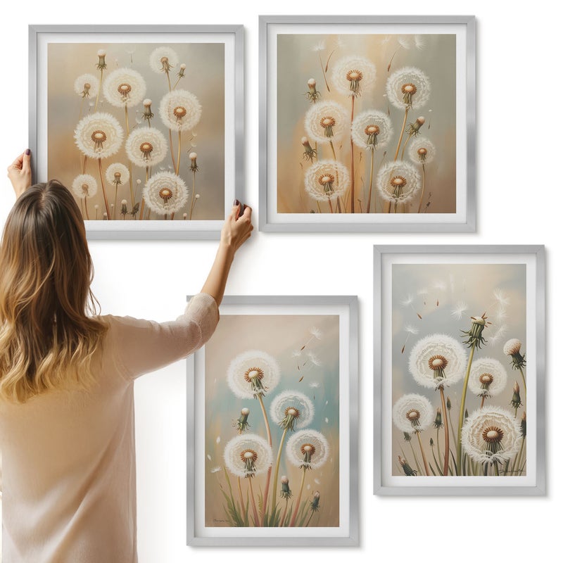 Galeria ścienna 4-częściowy komplet obrazów w srebrnych ramach - Kwiaty dmuchawców na tle pastelowych kolorów - ArtPrintCave