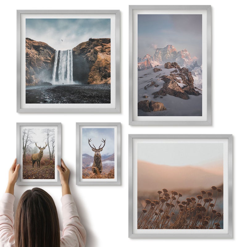 Galeria ścienna 5-częściowy komplet obrazów w srebrnych ramach - Krajobrazy górskie z dziką przyrodą i zwierzętami - ArtPrintCave