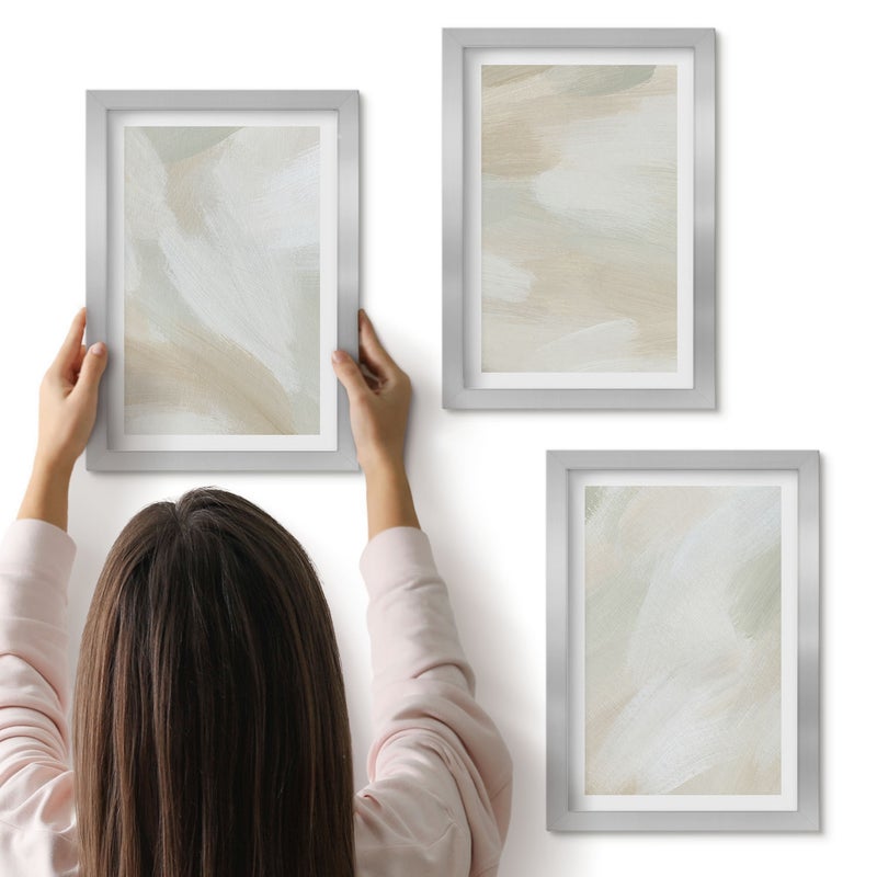 Galeria ścienna 3-częściowy komplet obrazów w srebrnych ramach - Malarska tekstura ślady farby minimalizm - ArtPrintCave
