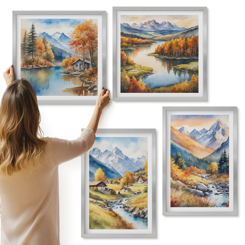 Galeria ścienna 4-częściowy komplet obrazów w srebrnych ramach - Jesienne pejzaże natury w malowniczym stylu - ArtPrintCave
