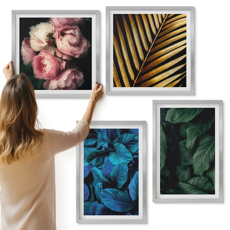Galeria ścienna 4-częściowy komplet obrazów w srebrnych ramach - Liście i kwiaty w różnych kolorach - ArtPrintCave