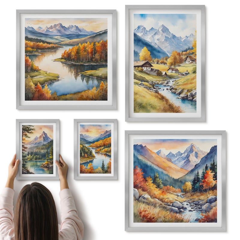 Galeria ścienna 5-częściowy komplet obrazów w srebrnych ramach - Malownicze krajobrazy górskie z rzekami i lasami - ArtPrintCave