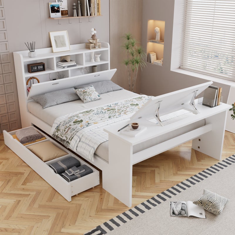 Łóżko 140 x 200 cm z szufladą i 12-pozycyjnym, składanym stołem – LVL, lite drewno i płyta wiórowa – kolor biały