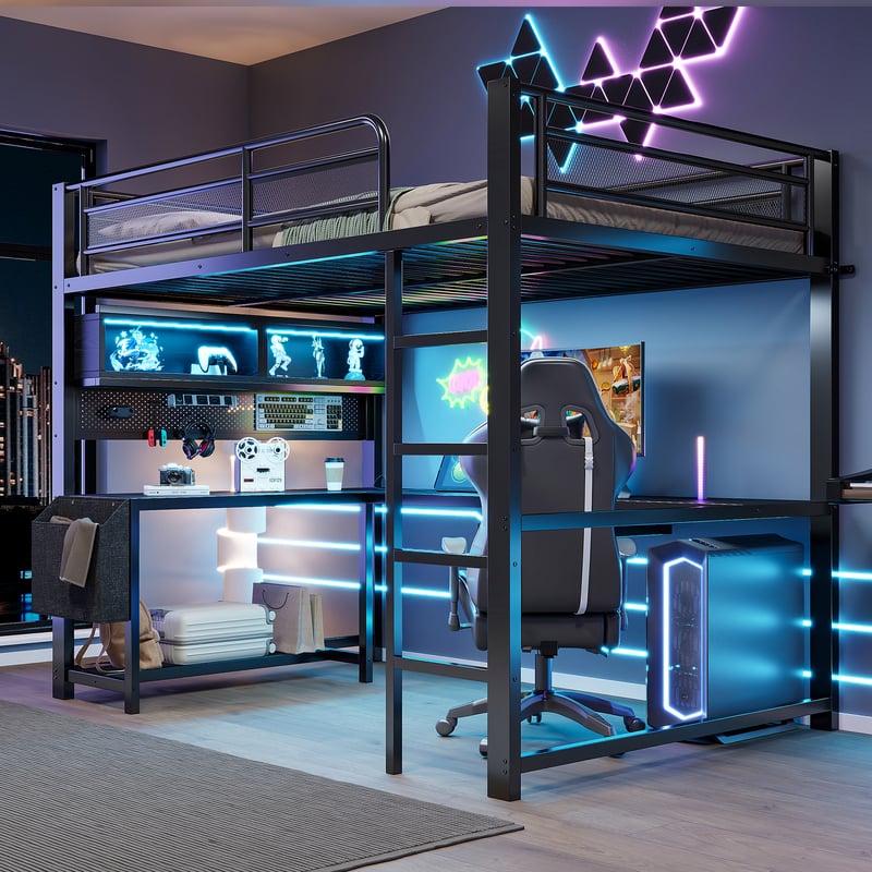 Łóżko piętrowe 140 x 200 cm z biurkiem narożnym, schowkiem, oświetleniem LED, gniazdkami elektrycznymi i portami USB - MDF i metal - czarne