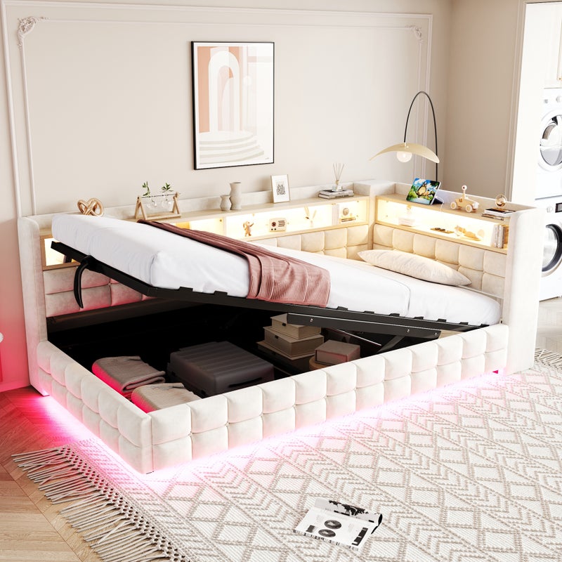 Łóżko z pojemnikiem 140 x 200 cm i półkami – aksamit, płyta MDF i sklejka – diody LED i porty USB/USB-C – beżowe