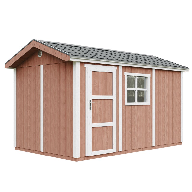 LP® SmartSide® drewniany domek ogrodowy premium z podłogą i gontem bitumicznym 250 × 412 × 252 cm – 8,68 m² – TIMBELA M914-REDWOOD RED