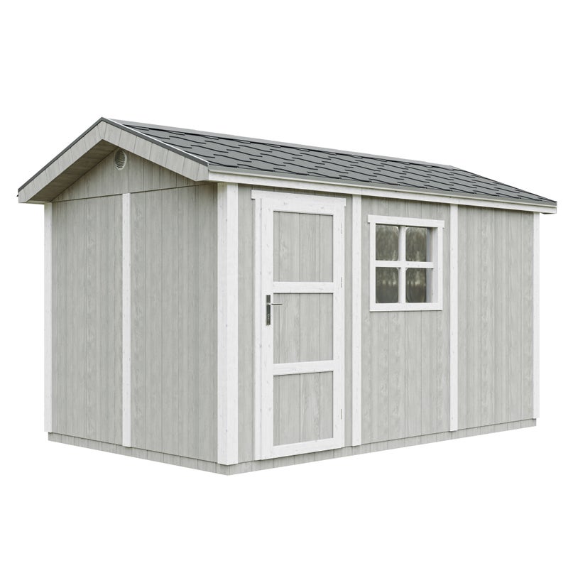 LP® SmartSide® drewniany domek ogrodowy premium z podłogą i gontem bitumicznym 250 × 412 × 252 cm – 8,68 m² – TIMBELA M914-TUNDRA GREY