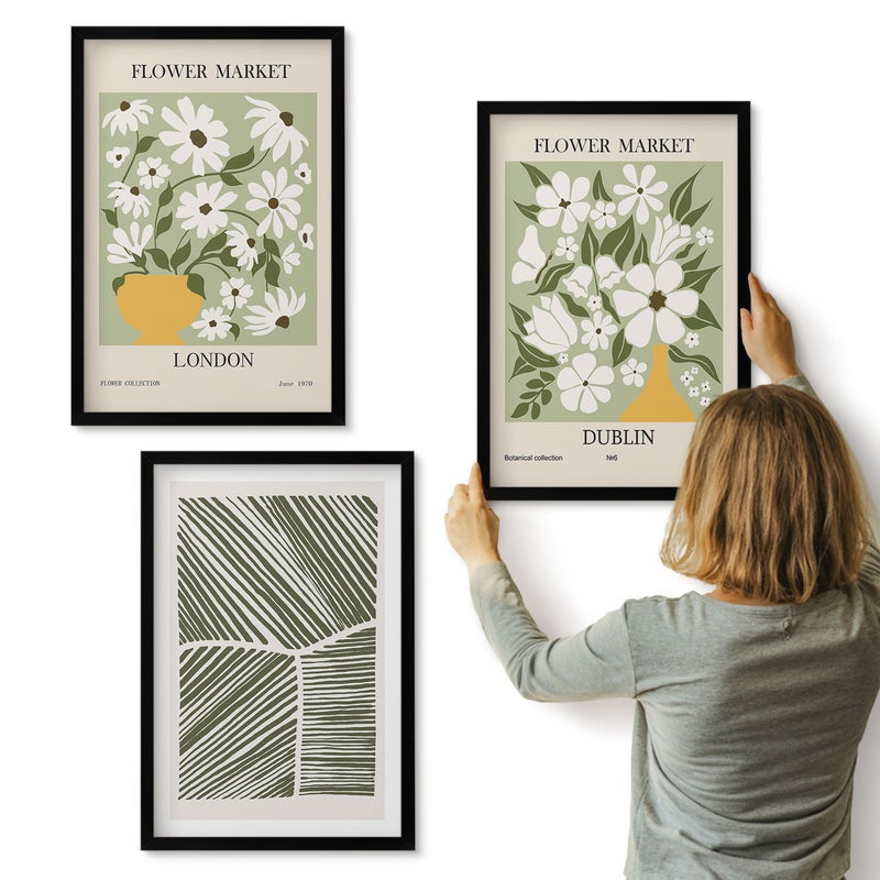 Galeria ścienna 3-częściowy komplet obrazów w czarnych ramach - Kwiatowe wzory Londyn i Dublin abstrakcja linii - ArtPrintCave