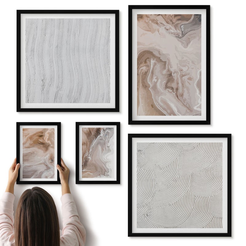 Galeria ścienna 5-częściowy komplet obrazów w czarnych ramach - Tekstura kamienia abstrakcyjne wzory marmuru - ArtPrintCave