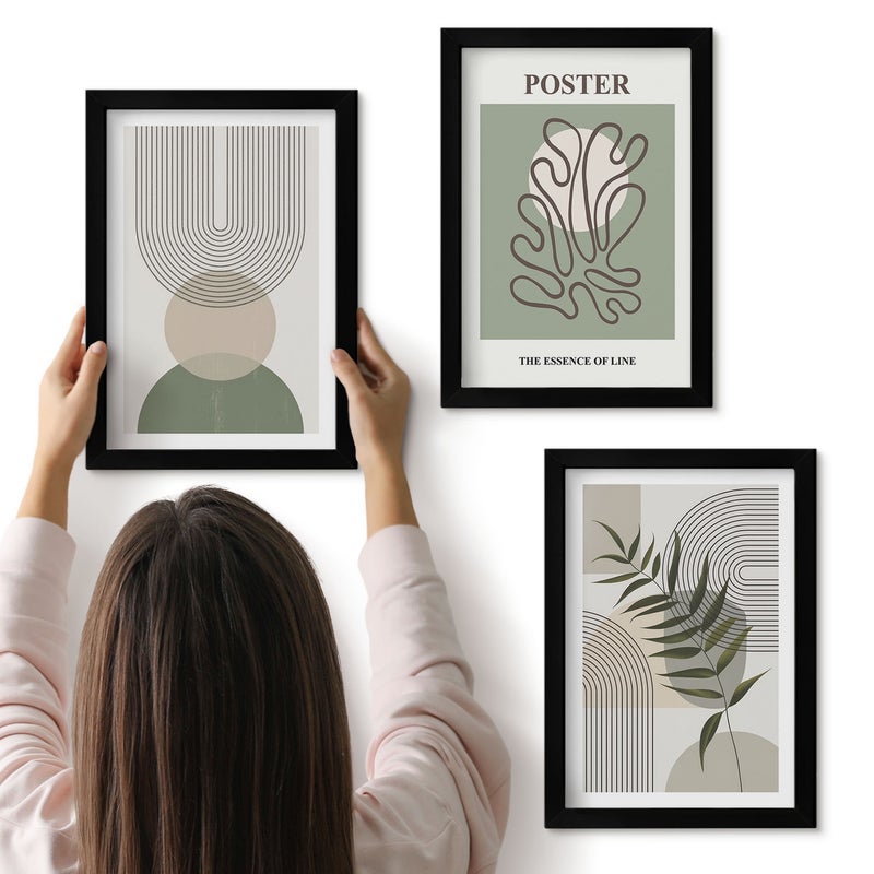 Galeria ścienna 3-częściowy komplet obrazów w czarnych ramach - Geometryczne abstrakcje botaniczne wzory poster - ArtPrintCave