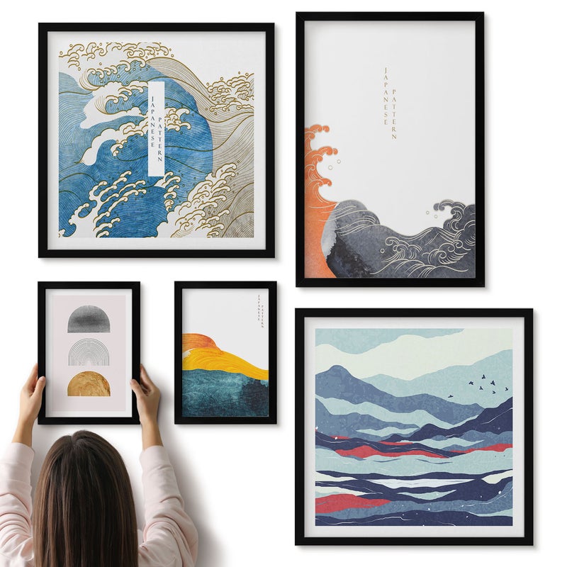 Galeria ścienna 5-częściowy komplet obrazów w czarnych ramach - Styl japoński fale góry abstrakcyjne wzory dekoracyjne - ArtPrintCave