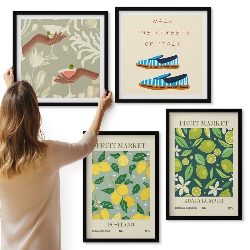 Galeria ścienna 4-częściowy komplet obrazów w czarnych ramach - Owocowe wzory kultura włoska postery - ArtPrintCave
